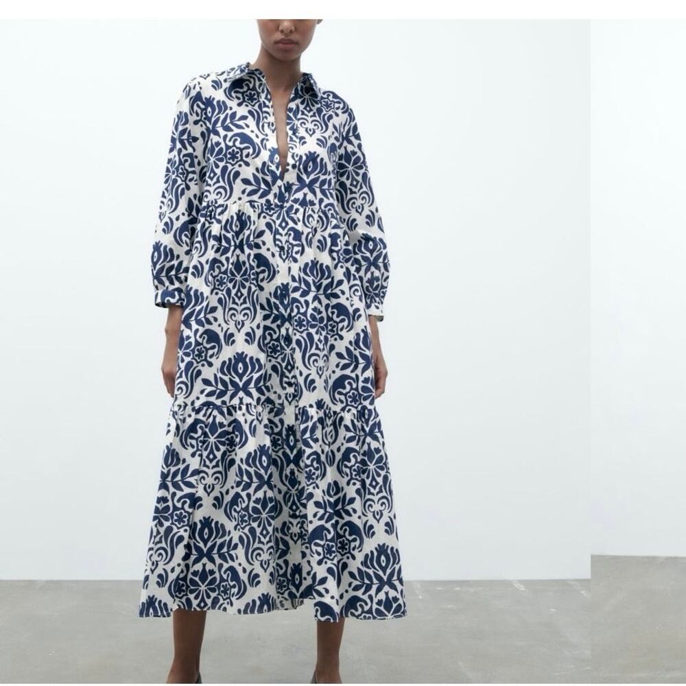 Zara NWT The Sunny Dress 100% Cotton Blue White Coastal Floral Button Up Sz XL
